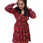 Georgette Flared Red Floral Western Dress- M Size