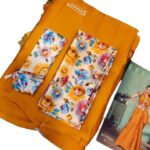 Plain Saree with matching digital print blouse and hip belt - Mustard Yellow
