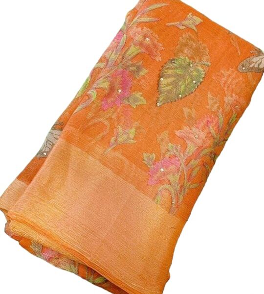 Chiffon brasso saree with Flower prints -  Orange
