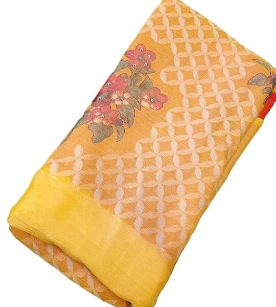 Chiffon brasso saree with Flower prints -  Yellow