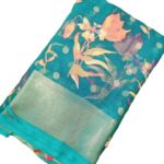 Chiffon brasso saree with Flower prints - Sea Blue