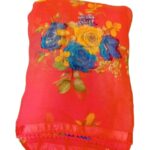 Georgette saree with beautiful floral design and small pompom on border