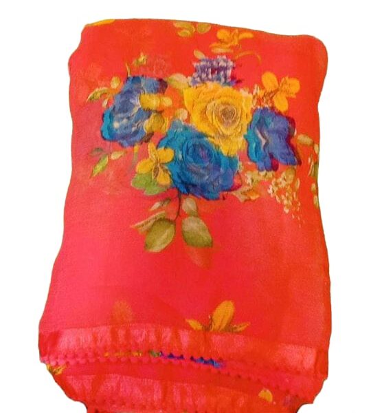 Georgette saree with beautiful floral design and small pompom on border