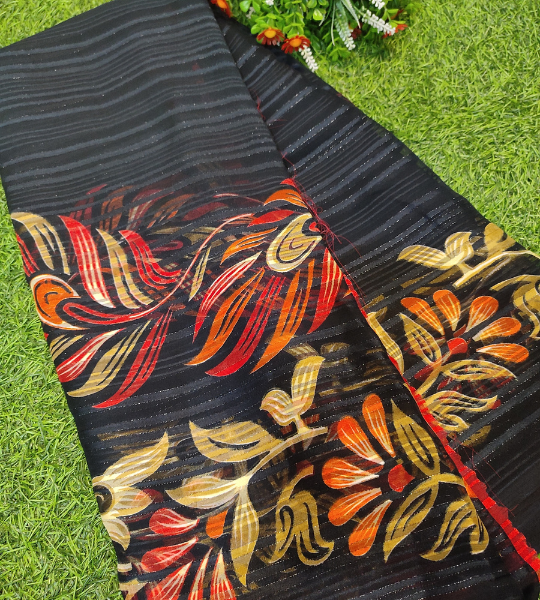 Black Georgette Printed Zari Stripes Saree With Unstitched Blouse