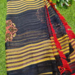 Black Georgette Printed Zari Stripes Saree With Unstitched Blouse