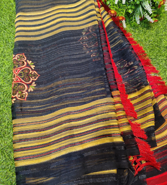 Black Georgette Printed Zari Stripes Saree With Unstitched Blouse