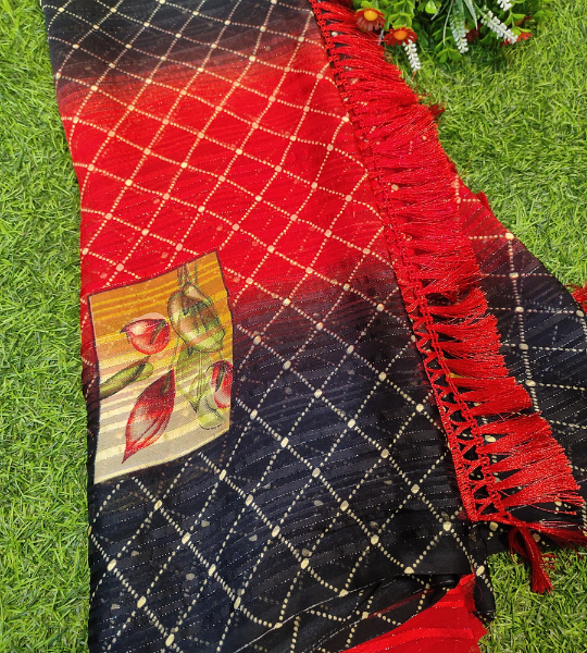 Black Georgette Printed Zari Stripes Saree With Unstitched Blouse