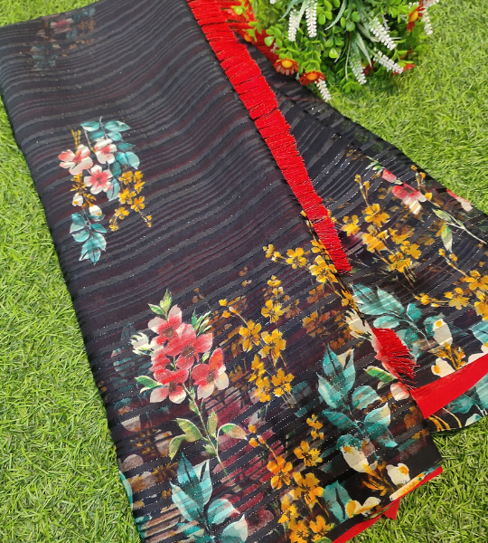 Black Georgette Printed Zari Stripes Saree With Unstitched Blouse
